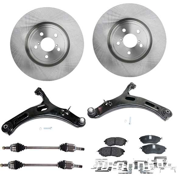 2011 Subaru Outback - 8-Piece Kit Front, Driver and Passenger Side Axle Assembly, Supplied with Standard Neoprene Outboard Boot, New, 3.6L 6Cyl  Includes (2) Axle Assembly, (2) Brake Disc, (1) Brake Pad Set, and (2) Control Arm