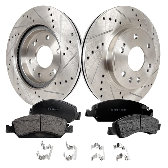 2009 Chevrolet Silverado 1500 LT - 4-Piece Kit Front Brake Disc and Pad Kit, Cross-drilled and Slotted, 6 Lugs, Ceramic, Except Electronic Stability Control, 6.2L 8Cyl, Pro-Line Series  Includes (2) Brake Disc and (1) Brake Pad Set