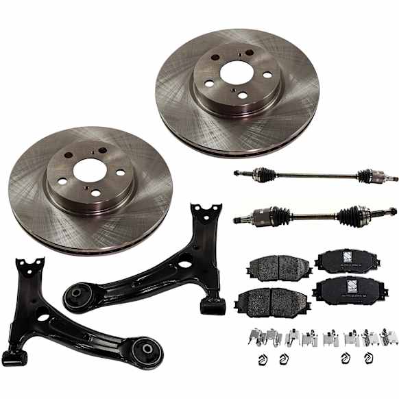 2010 Toyota Corolla Base - 8-Piece Kit Front, Driver and Passenger Side Axle Assembly, USA Built Vehicle, New, 1.8L 4Cyl  Includes (2) Axle Assembly, (2) Brake Disc, (1) Brake Pad Set, and (2) Control Arm