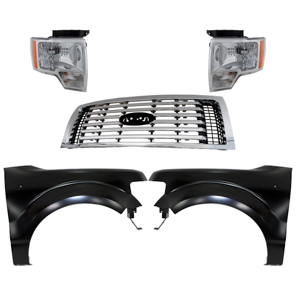 2010 Ford F-150 - 5-Piece Kit Grille, Chrome, For Models With  Package, CAPA Certified  Includes (2) Fender, (1) Grille, and (2) Headlight
