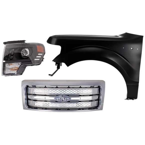 2014 Ford F-150 - 3-Piece Kit Driver Side LED Headlight, With bulb(s), OE Replacement,  Includes (1) Fender, (1) Grille Assembly, and (1) Headlight