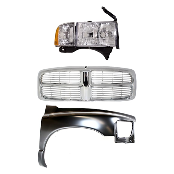 2002 Dodge Ram 1500 SLT - 3-Piece Kit Grille, Chrome, For Models With Sport Package, Old Body Style,  Includes (1) Fender, (1) Grille, and (1) Headlight