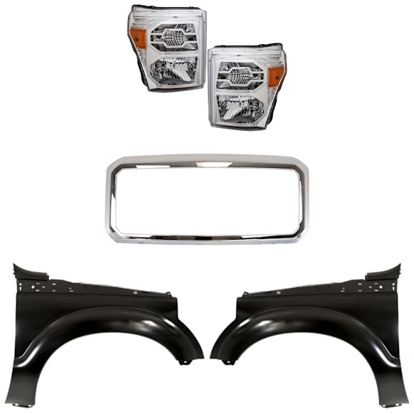 2016 Ford F-250 Super Duty - 5-Piece Kit Grille Shell, Chrome,  Includes (2) Fender, (1) Grille Shell, and (2) Headlight