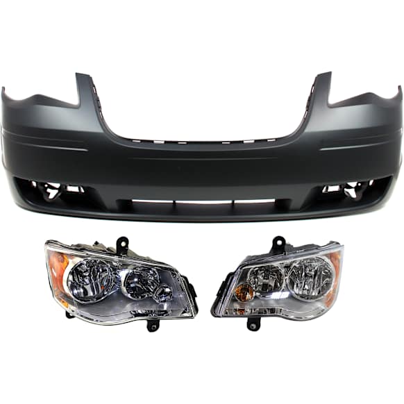 2008 Chrysler Town & Country - 3-Piece Kit Driver and Passenger Side Halogen Headlight, With bulb(s), For Models Without Chrome Insert, OE Replacement, CAPA Certified  Includes (1) Bumper Cover and (2) Headlight