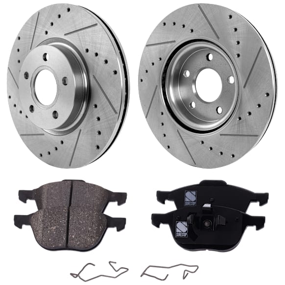 2008 Volvo S40 - 4-Piece Kit Front Brake Disc and Pad Kit, Cross-drilled and Slotted, 5 Lugs, Ceramic,  Lug, 300mm  Disc, 278mm, 300mm or 30mm Brake Rotors, 2.5L 5Cyl,  Includes (2) Brake Disc and (1) Brake Pad Set