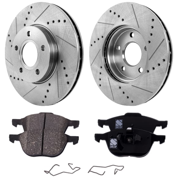 2011 Volvo S40 - 4-Piece Kit Front Brake Disc and Pad Kit, Cross-drilled and Slotted, 5 Lugs, Ceramic, 278mm  Disc, 278mm, 300mm or 30mm Brake Rotors, 2.5L 5Cyl,  Includes (2) Brake Disc and (1) Brake Pad Set