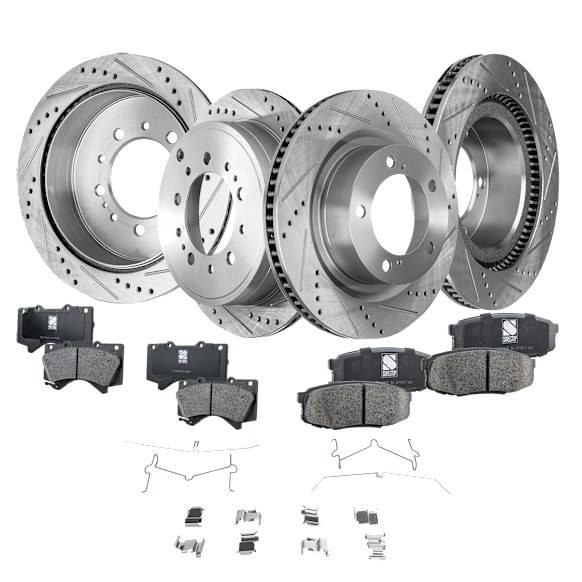 2018 Lexus LX570 - 8-Piece Kit Front and Rear Brake Disc and Pad Kit, Cross-drilled and Slotted, 5 Lugs, Ceramic, 5.7L 8Cyl, Pro-Line Series  Includes (4) Brake Disc and (2) Brake Pad Set