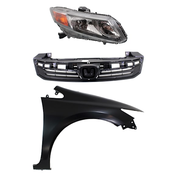 2012 Honda Civic - 3-Piece Kit Passenger Side Halogen Headlight, With bulb(s), OE Replacement,  Includes (1) Fender, (1) Grille Assembly, and (1) Headlight