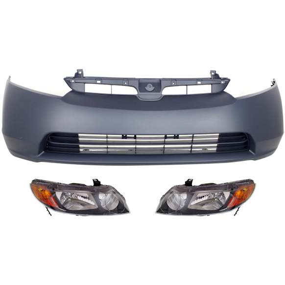 2007 Honda Civic - 3-Piece Kit Driver and Passenger Side Halogen Headlight, Without bulb(s), OE Replacement, Sedan,  Includes (1) Bumper Cover and (2) Headlight