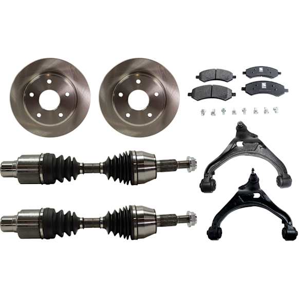 7-Piece Kit Front, Driver and Passenger Side, Lower Control Arm with Axle Assemblies, Brake Discs, and Brake Pad Set, Four Wheel Drive