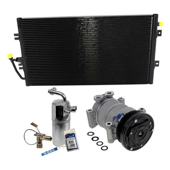3-Piece Kit A/C Compressor, 6-Groove Pulley, includes A/C Condenser, and A/C Service Kit (A/C Accumulator, A/C Expansion Valve, A/C Orifice Tube, and A/C O-Ring and Gasket Seal Kit)