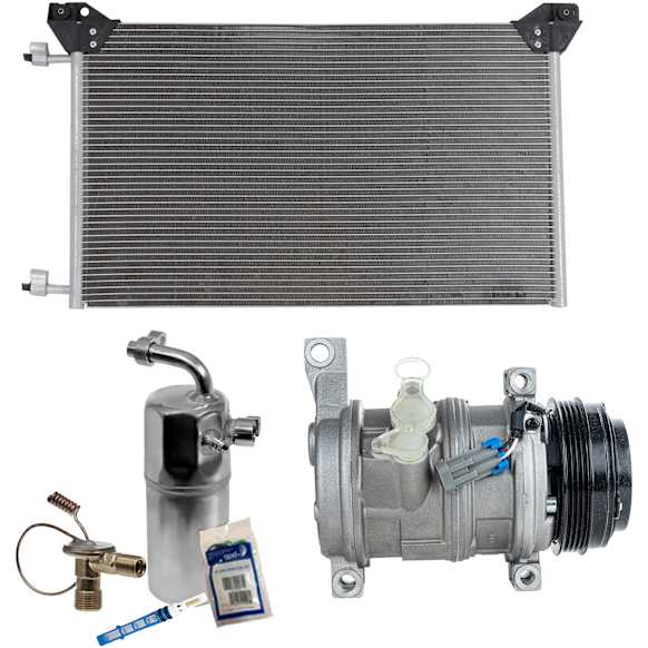 3-Piece Kit A/C Compressor with A/C Condenser and A/C Service Kit (A/C Accumulator, Expansion Valve, Orifice Tube, and A/C O-Ring and Gasket Seal Kit), 4-Groove Pulley, Two Bolts to Mount the Hoses