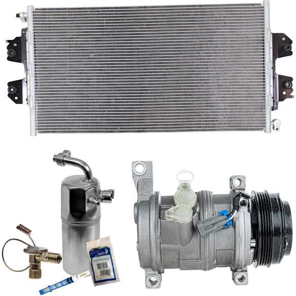 3-Piece Kit A/C Compressor with A/C Condenser and A/C Service Kit (A/C Accumulator, Expansion Valve, Orifice Tube, and A/C O-Ring and Gasket Seal Kit), 4-Groove Pulley, Two Bolts to Mount the Hoses