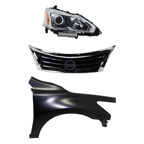 2013 Nissan Altima - 3-Piece Kit Passenger Side Halogen Headlight, With bulb(s), OE Replacement, Sedan, CAPA Certified  Includes (1) Fender, (1) Grille Assembly, and (1) Headlight