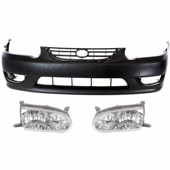 2001 Toyota Corolla - 3-Piece Kit Front Primed Bumper Cover,  Includes (1) Bumper Cover and (2) Headlight