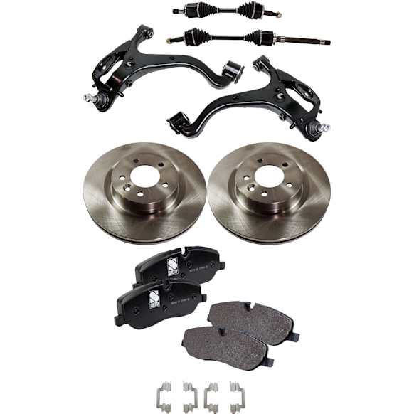 7-Piece Kit Front, Driver and Passenger Side, Lower Control Arm, 4WD, includes Axle Assembly, Brake Discs, and Brake Pad Set