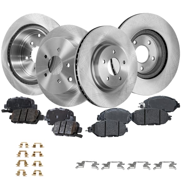2014 Nissan Pathfinder S - 4-Wheel Set Front and Rear Brake Disc and Pad Kit, Plain Surface, 5 Lugs, Front-320.04 mm/Rear-308 mm, Ceramic, engdesig: QR25DER, Supercharged, FULL HYBRID EV-GAS (FHEV), Nissan Engine, 2.5L 4Cyl, Pro-Line Series  Includes (4) Disc and