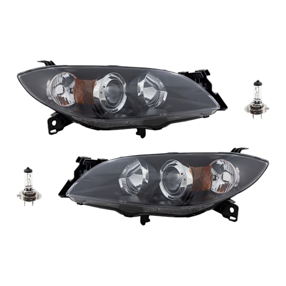 2008 Mazda 3 - 4-Piece Kit Driver and Passenger Side Halogen Headlight, With bulb(s), OE Replacement, Sedan, CAPA Certified  Includes (2) Headlight and (2) Headlight Bulb