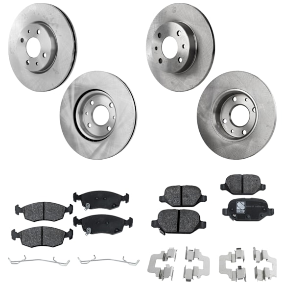 2013 Fiat 500 Pop - 8-Piece Kit Front and Rear Brake Disc and Pad Kit, Plain Surface, 4 Lugs, Organic, Naturally Aspirated, 1.4L 4Cyl, Pro-Line Series  Includes (4) Brake Disc and (2) Brake Pad Set