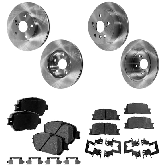 2005 Toyota Camry - 4-Wheel Set Front and Rear Brake Disc and Pad Kit, Plain Surface, 5 Lugs, Front-275.08 mm/Rear-268.99 mm, Ceramic, 15in. Wheels, Japan Built Vehicle, 3.0L 6Cyl, Pro-Line Series Includes (4) Brake Disc, (2) Brake Pad Set