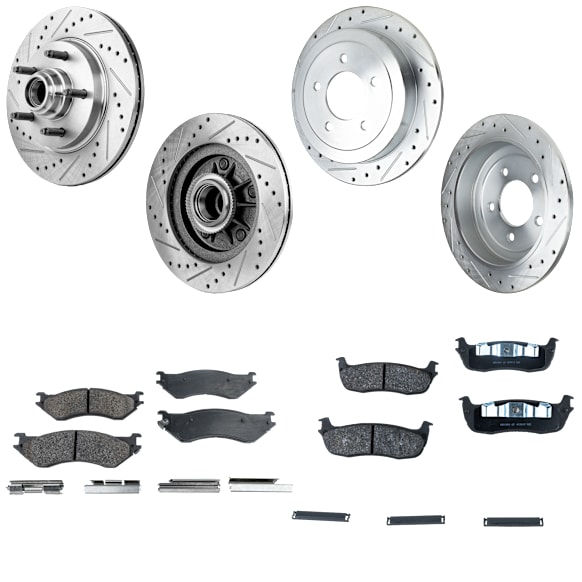 8-Piece Kit Front and Rear Brake Disc and Pad Kit, Cross-drilled and Slotted, 5 Lugs, Semi-Metallic, Pro-Line Series, Includes (4) Brake Disc and (2) Brake Pad Set