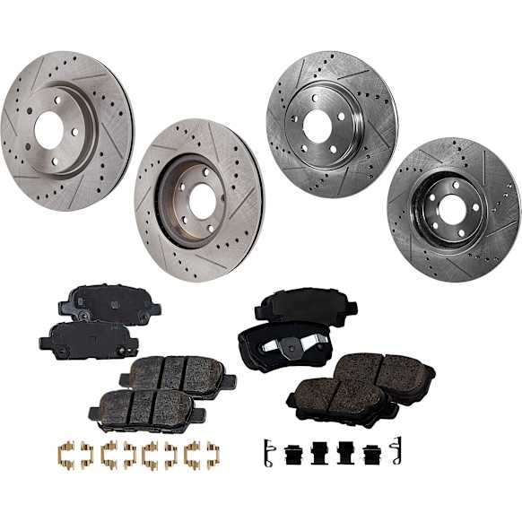 2015 Nissan Altima - 8-Piece Kit Front and Rear Brake Disc and Pad Kit, Cross-drilled and Slotted, Ceramic, engdesig: QR25DE, Naturally Aspirated, GAS, Nissan Engine, 2.5L 4Cyl, Pro-Line Series  Includes (4) Brake Disc and (2) Brake Pad Set