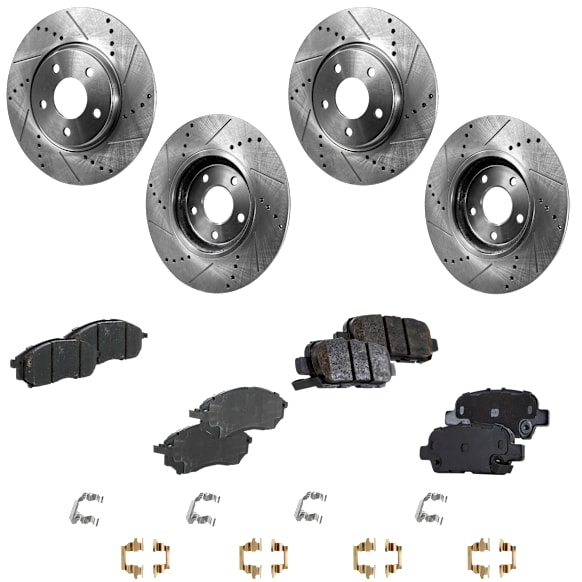2013 Infiniti G37 Journey - 4-Wheel Set Front and Rear Brake Disc and Pad Kit, Cross-drilled and Slotted, Front-319.5 mm/Rear-308 mm, Ceramic