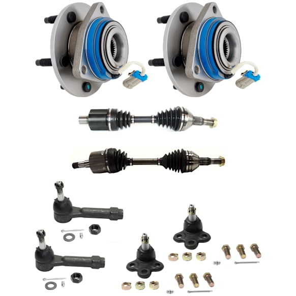 8-Piece Kit Front, Driver and Passenger Side Axle Assembly, includes (2) Axle Assembly, (2) Ball Joint, (2) Tie Rod End, and (2) Wheel Hub