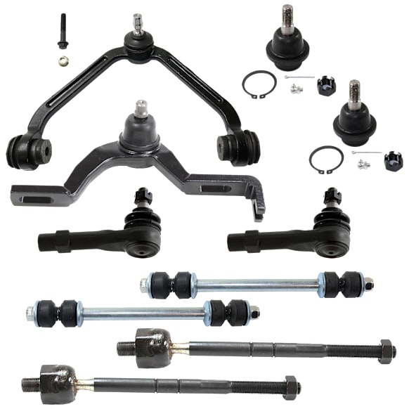 10-Piece Kit Front, Driver and Passenger Side, Upper and Lower, Inner and Outer Control Arm, includes (2) Ball Joint, (2) Control Arm, (2) Sway Bar Link, and (4) Tie Rod End