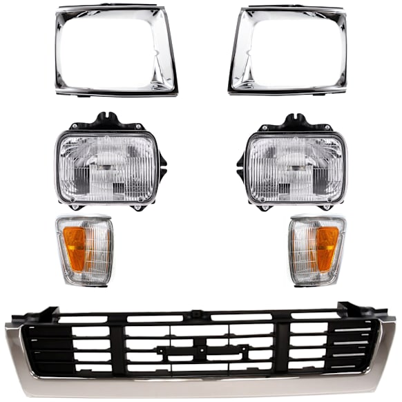 1991 Toyota Pickup - 7-Piece Kit Driver and Passenger Side Halogen Headlight, With bulb(s),  For Models With NAL Brand Lamps Model, OE Replacement, 4WD,  Includes (2) Corner Light, (1) Grille Assembly, (2) Headlight, and (2) Headlight Door