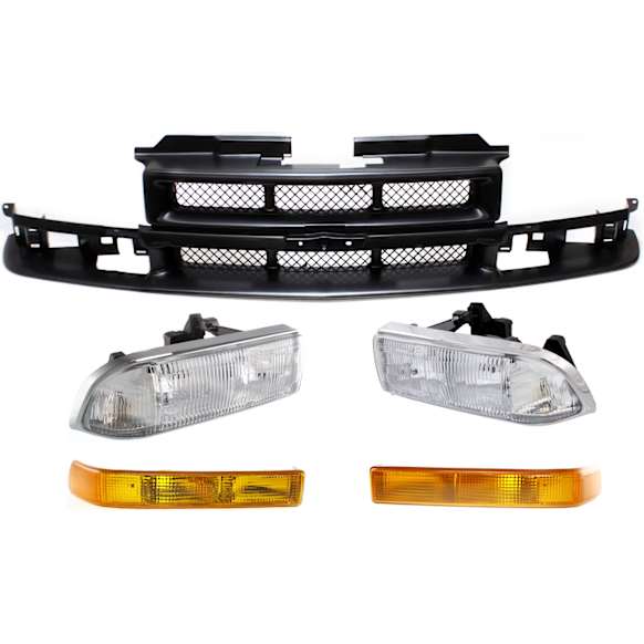 2003 Chevrolet S10 - 5-Piece Kit Driver and Passenger Side Halogen Headlight, With bulb(s), OE Replacement,  Includes (1) Grille Assembly, (2) Headlight, and (2) Turn Signal Light