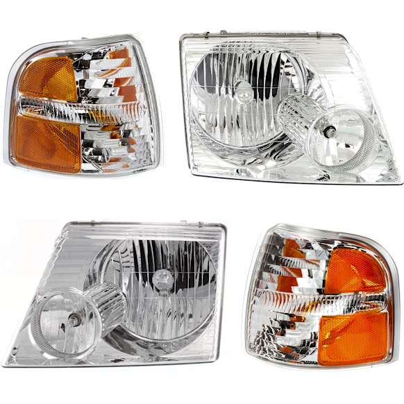 2002-2004 Ford Explorer - 4-Piece Kit Driver and Passenger Side Halogen Headlight, With bulb(s), Sport Utility, OE Replacement, Includes (2) Headlight and (2) Corner Light