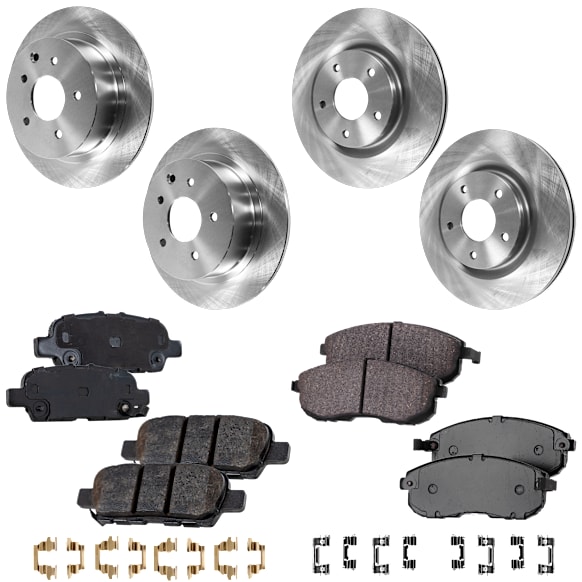 2013 Nissan Juke - 8-Piece Kit Front and Rear Brake Disc and Pad Kit, Plain Surface, 5 Lugs, Ceramic, engdesig: MR16DDT, Turbocharged, GAS, Nissan Engine, 1.6L 4Cyl, Pro-Line Series  Includes (4) Brake Disc and (2) Brake Pad Set