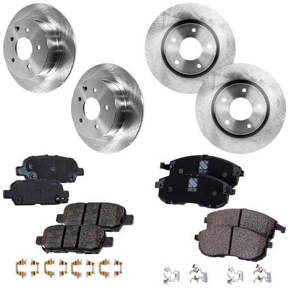 2015 Nissan Sentra - 8-Piece Kit Front and Rear Brake Disc and Pad Kit, Plain Surface, 5 Lugs, Ceramic, engdesig: MRA8DE, Naturally Aspirated, GAS, Nissan Engine, With Rear Disc Brake, 1.8L 4Cyl, Pro-Line Series  Includes (4) Brake Disc and (2) Brake Pad Set