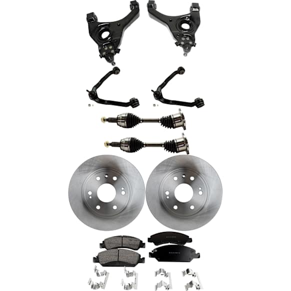 9-Piece Kit Front, Driver and Passenger Side, Upper and Lower Control Arm, Rear Wheel Drive, R Series, For Models With Front Coil Spring, includes Axle Assembly, Brake Discs, and Brake Pad Set