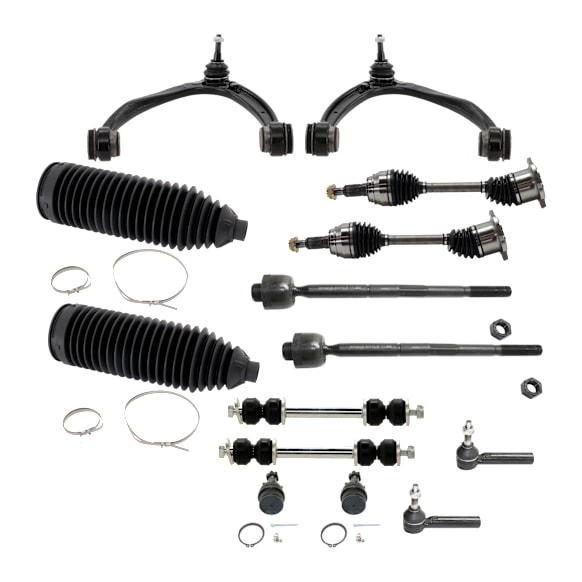 14-Piece Kit Front, Driver and Passenger Side Axle Assembly, includes (2) Axle Assembly, (2) Ball Joint, (2) Control Arm, (2) Steering Rack Boot, (2) Sway Bar Link, and (4) Tie Rod End