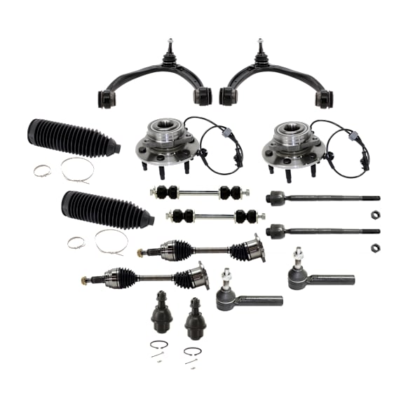 16-Piece Kit Front, Driver and Passenger Side Wheel Hub with Axle Assemblies, Ball Joints, Control Arms, Steering Rack Boots, Sway Bar Links, and Tie Rod Ends