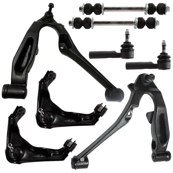 8-Piece Kit Front, Driver and Passenger Side, Upper and Lower Control Arm, includes (4) Control Arm, (2) Sway Bar Link, and (2) Tie Rod End