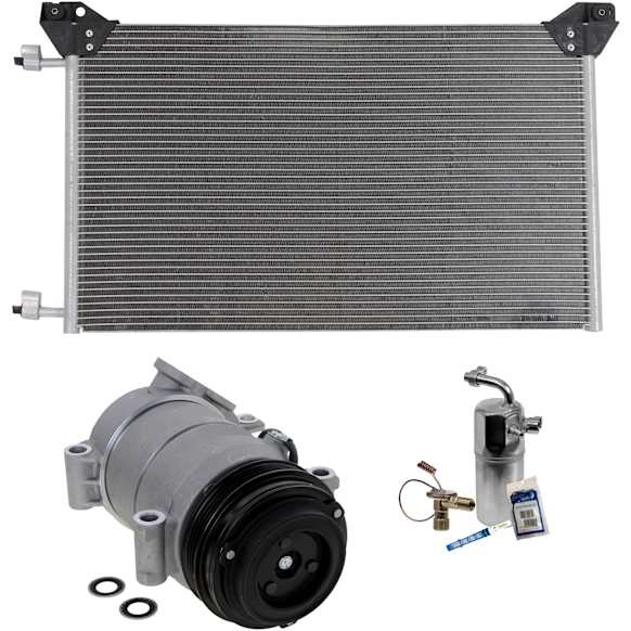 3-Piece Kit A/C Compressor, 4-Groove Pulley, includes A/C Condenser, and A/C Service Kit (A/C Accumulator, A/C Orifice Tube, and A/C O-Ring and Gasket Seal Kit), One Bolts to mount the Hoses