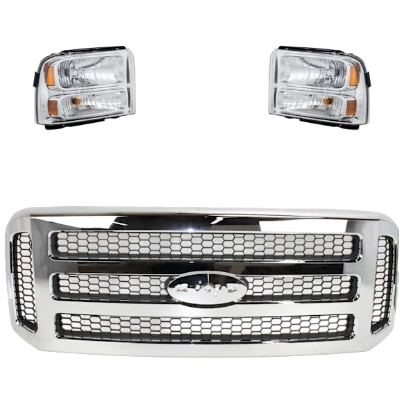 2005 Ford Excursion Limited - 3-Piece Kit Grille, Chrome Shell with Painted Gray Insert,  Includes (2) Headlight and (1) Grille Assembly