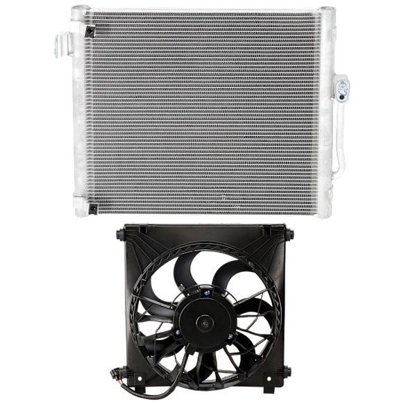 2-Piece Kit, Driver Side A/C Condenser, includes (1) A/C Condenser and (1) Cooling Fan Assembly