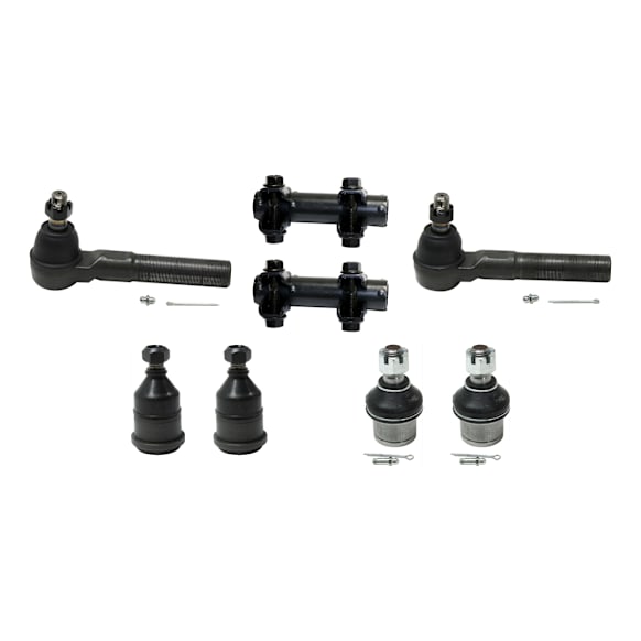 8-Piece Kit Front, Driver and Passenger Side, Upper and Lower Ball Joint, includes (4) Ball Joint, (2) Tie Rod Adjusting Sleeve, and (2) Tie Rod End