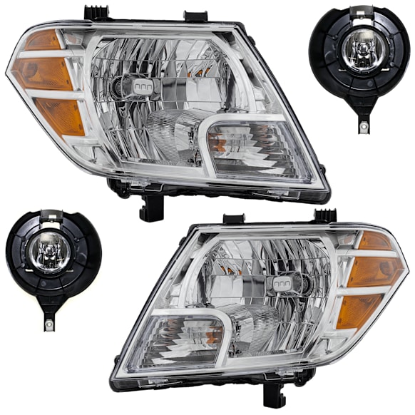 2018 Nissan Frontier - 4-Piece Kit Driver and Passenger Side Halogen Headlight, With bulb(s), For Models With Steel Type Bumper, OE Replacement,  Includes (2) Fog Light and (2) Headlight