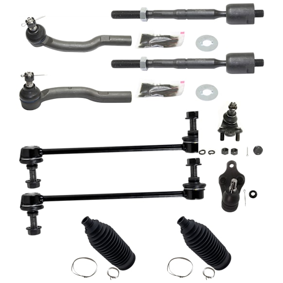 10-Piece Kit Front, Driver and Passenger Side, Upper and Lower Ball Joint, Press-In Type, includes (4) Ball Joint, (2) Sway Bar Link, (2) Tie Rod Adjusting Sleeve, and (2) Tie Rod End