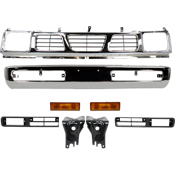 1996 Nissan Pickup - 8-Piece Kit Front Bumper, Production Date From November 1995, Chrome,  Includes (1) Bumper, (2) Bumper Bracket, (2) Fog Light Trim, (1) Grille, and (2) Turn Signal Light