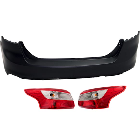 2014 Ford Focus - 3-Piece Kit Rear Primed Bumper Cover, Sedan,  Includes (1) Bumper Cover and (2) Tail Light