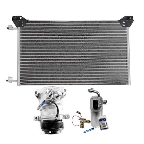 3-Piece Kit A/C Compressor, Turbocharged, DIESEL, 6-Groove Pulley, includes A/C Condenser, and A/C Service Kit (A/C Accumulator, A/C Orifice Tube, and A/C O-Ring and Gasket Seal Kit)