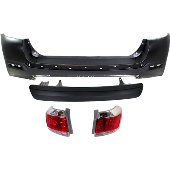 2013 Toyota Highlander Base - 4-Piece Kit Rear, Upper Upper - Primed, Lower - Textured Bumper Cover,  Includes (1) Bumper Cover, (2) Tail Light, and (1) Valance