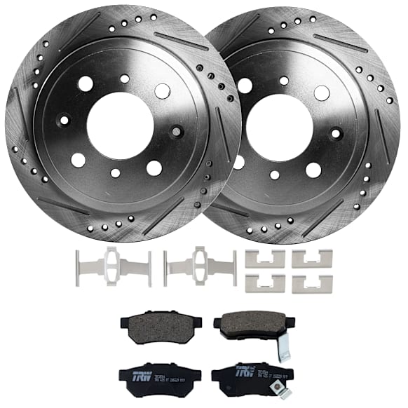 1996 Acura Integra - 2-Wheel Set Rear Brake Disc and Pad Kit, Cross-drilled and Slotted, 4 Lugs, 239.01 mm, Ceramic, 1.8L 4Cyl,  Includes (2) Disc and (1) Pad Set