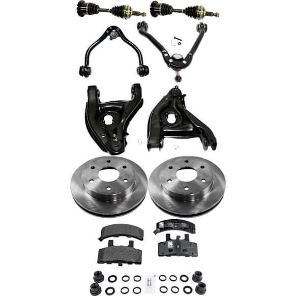 9-Piece Kit Front, Driver and Passenger Side, Upper and Lower Control Arm, Rear Wheel Drive, includes Axle Assembly, Brake Discs, and Brake Pad Set